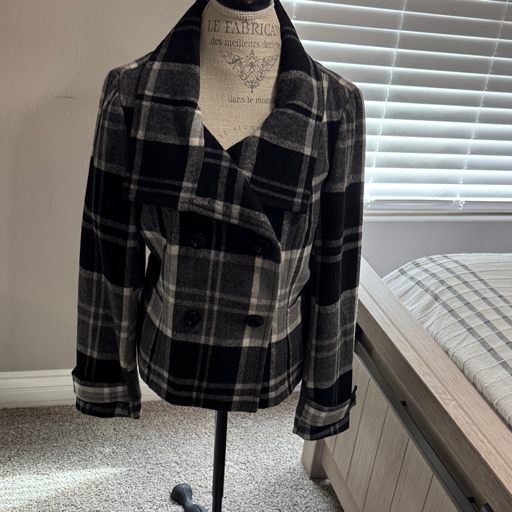 Willi Smith Black and Gray Plaid Wool Coat